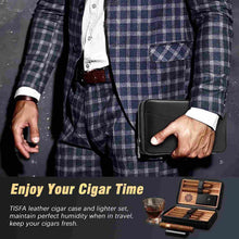 Load image into Gallery viewer, TISFA Cigar Humidor, Leather Cedar Wood Cigar Case with Cigar Lighter, V Cut Cigar Cutter, Cigar Holder 3 in 1, Portable Travel Cigar Humidor Box with Humidifier, Cigar Gift Set
