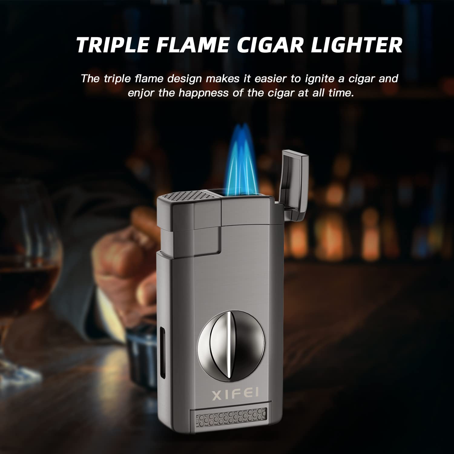 XIFEI Cigar Lighter 4 Jet Flame with Cigar Holder & XIFEI 3 in 1 Straight  Cut V Cutter with Cigar Punch