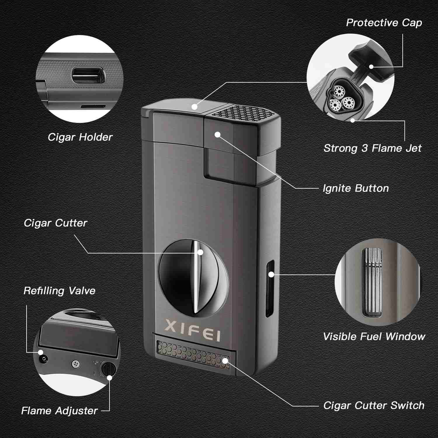 XIFEI TISFA Torch Lighter Triple Jet Flame with Cigar Punch, Refillabl