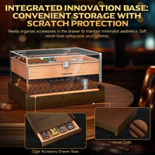 Load image into Gallery viewer, VALLUME Acrylic Cigar Humidor, Desktop Humidor Box with Cigar Accessory Drawer, Includes Gel Humidifier and Digital Hygrometer, Cedar Wood Tray, Holds Up to 60 Cigars
