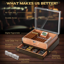 Load image into Gallery viewer, VALLUME Acrylic Cigar Humidor, Desktop Humidor Box with Cigar Accessory Drawer, Includes Gel Humidifier and Digital Hygrometer, Cedar Wood Tray, Holds Up to 45 Cigars
