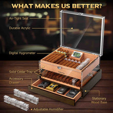 Load image into Gallery viewer, VALLUME Acrylic Cigar Humidor, Desktop Humidor Box with Cigar Accessory Drawer, Includes Gel Humidifier and Digital Hygrometer, Cedar Wood Tray, Holds Up to 60 Cigars
