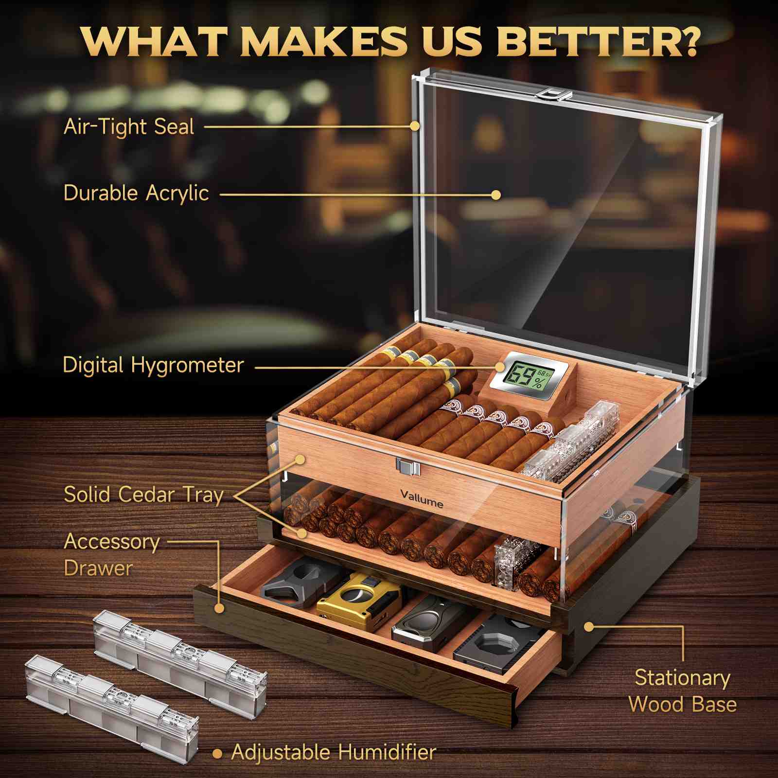 VALLUME Acrylic Cigar Humidor, Desktop Humidor Box with Cigar Accessory  Drawer, Includes Gel Humidifier and Digital Hygrometer, Cedar Wood Tray,  Holds 
