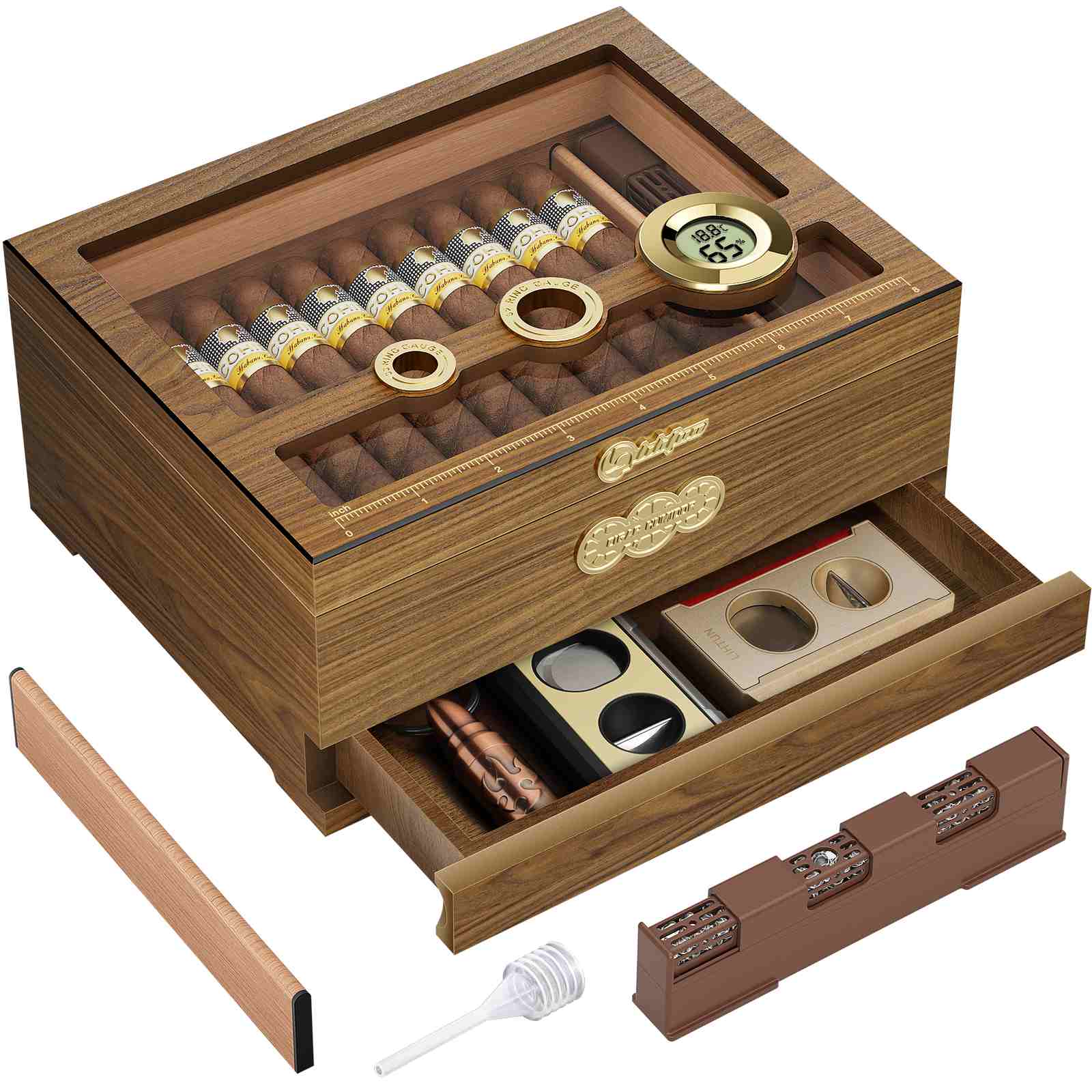 LIHTUN Wooden Humidor, Glass Top Cigar Box with Digital Hygrometer,  Adjustable Humidifier, Accessories Drawer, Holds Up to 35 Cigars
