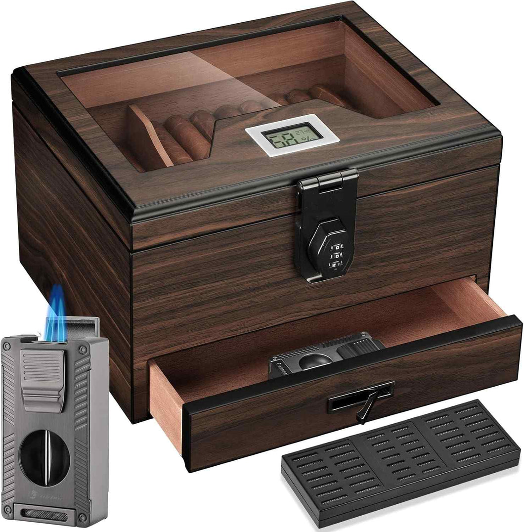 LIHTUN Cigar Humidor and Cigar Lighter Kit, Cedar Wood Cigar Case with Digital Hygrometer & Lock, All In One Butane Lighter, Holds Up to 50 Cigars