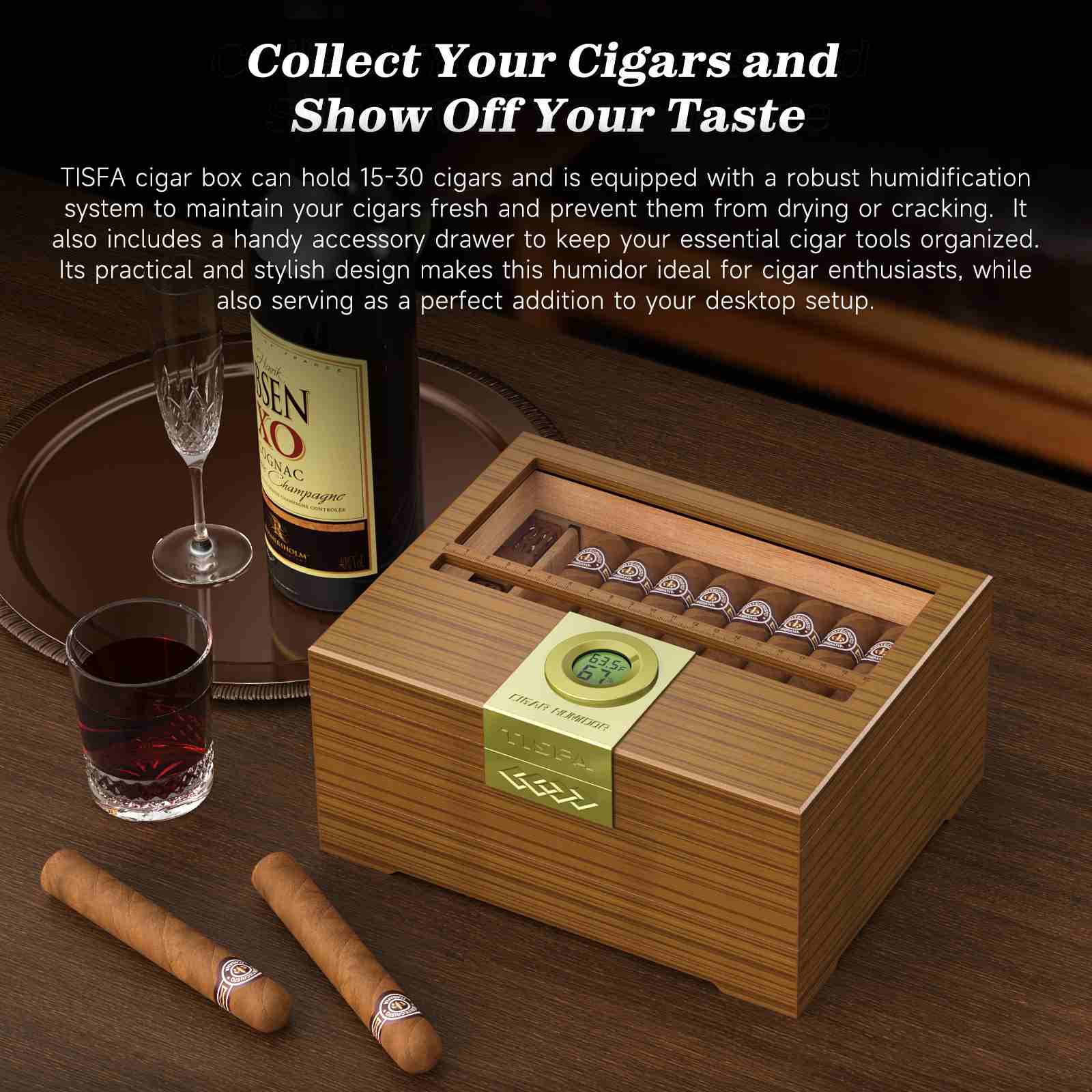 TISFA Wooden Humidor, Glass Top Cigar Box with Digital Hygrometer,  Adjustable Humidifier, Accessories Drawer, Holds Up to 30 Cigars