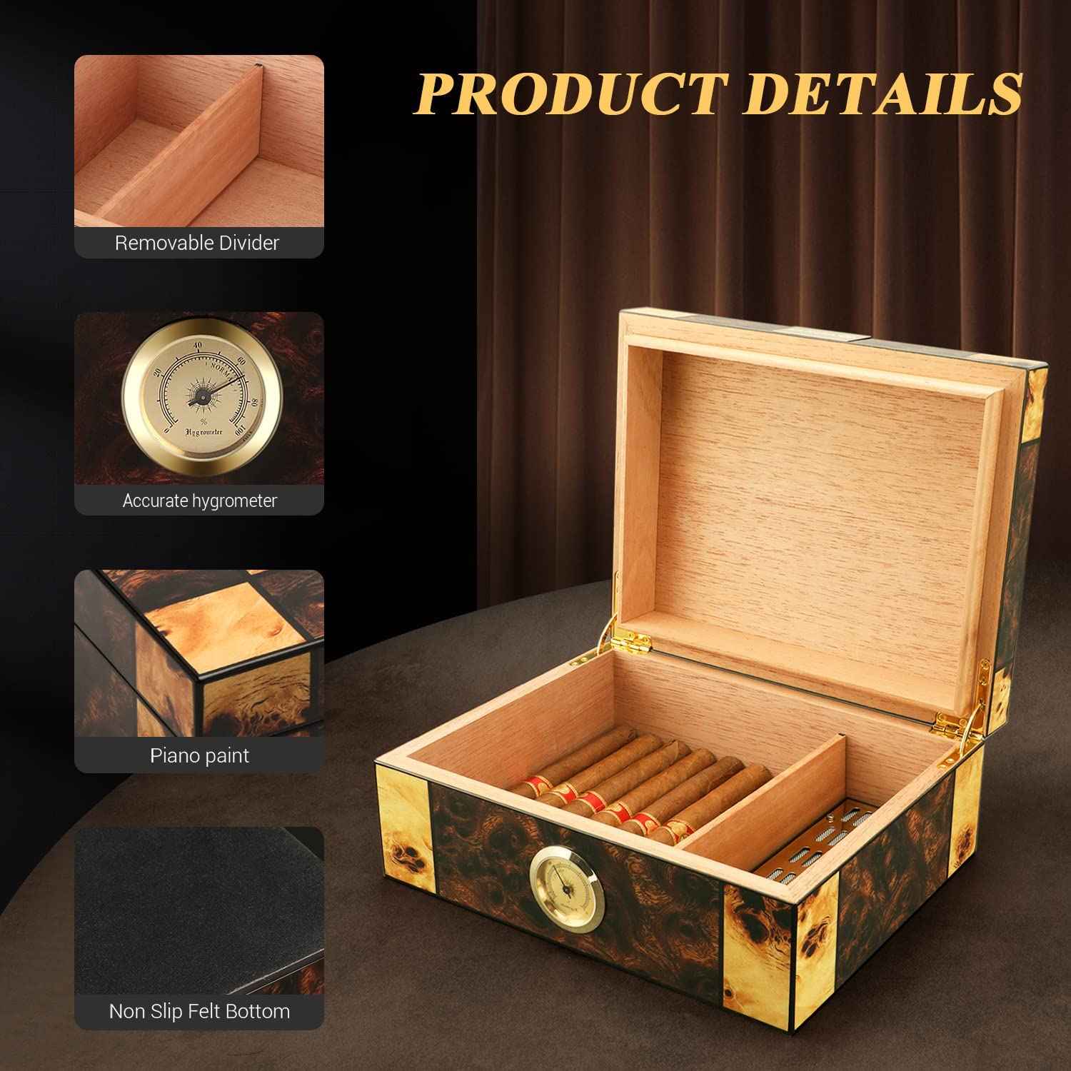 FANKAI Wooden Cigar Humidor Box with Hygrometer Humidifier Devider,Han ...