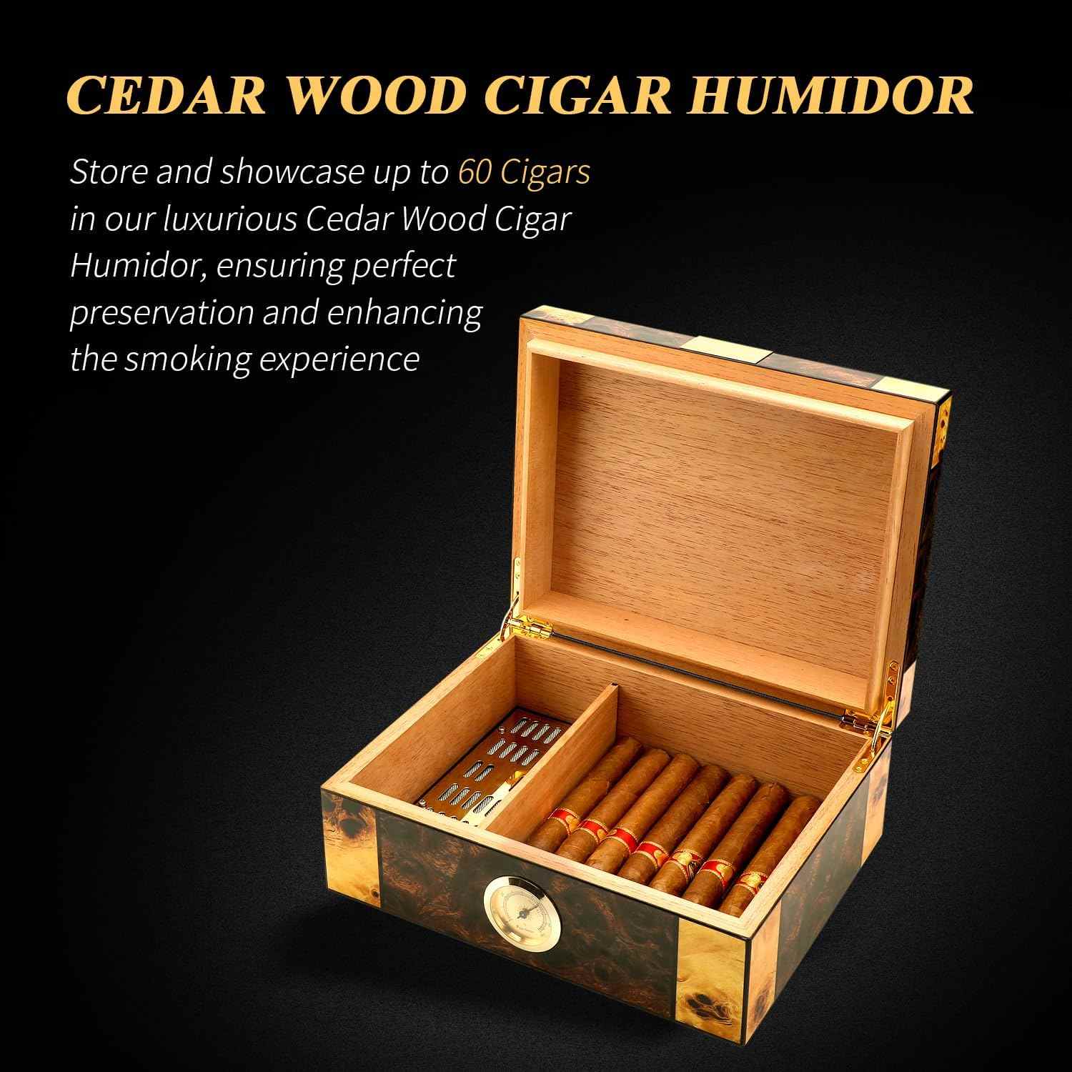 Cigar Humidor Box Glass Top, Spanish Cedar Wood 20-30 Cigars Storage Case,  Desktop Humidor Cigar Box with Hygrometer, Humidifier & Divider, Luxury