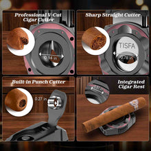 Load image into Gallery viewer, TISFA Wooden Humidor with 4 in 1 Cigar Cutter, Digital Hygrometer and Humidifier, Drawer, Divider, Cigar Length Ruler, Large Cedar Wood Cigar Box and Cigar Cutter Gifts Set
