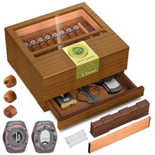 Load image into Gallery viewer, TISFA Wooden Humidor with 4 in 1 Cigar Cutter, Digital Hygrometer and Humidifier, Drawer, Divider, Cigar Length Ruler, Large Cedar Wood Cigar Box and Cigar Cutter Gifts Set

