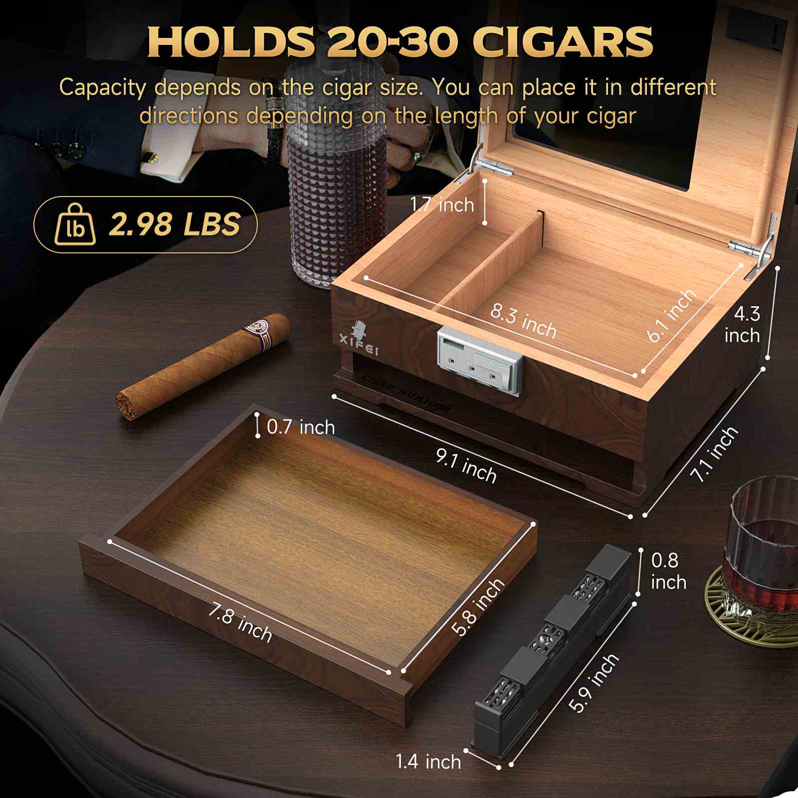 XIFEI Wooden Humidor with Combination Lock, Glass Top Cigar Humidor wi