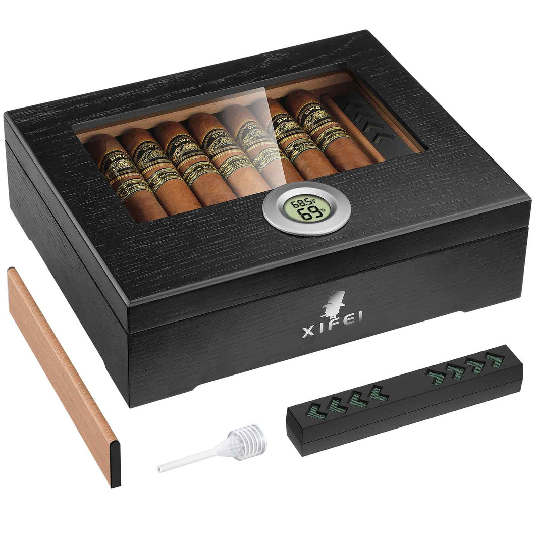 XIFEI Wooden Humidor, Glass Top Cigar Box with Digital Hygrometer, Humidifier and Divider, Desktop Cedar Wood Cigar Humidor Holds 20-30 Cigars