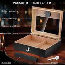 Load image into Gallery viewer, XIFEI Wooden Humidor, Glass Top Cigar Box with Digital Hygrometer, Humidifier and Divider, Desktop Cedar Wood Cigar Humidor Holds 20-30 Cigars
