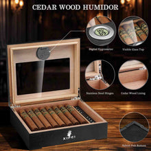 Load image into Gallery viewer, XIFEI Wooden Humidor, Glass Top Cigar Box with Digital Hygrometer, Humidifier and Divider, Desktop Cedar Wood Cigar Humidor Holds 20-30 Cigars
