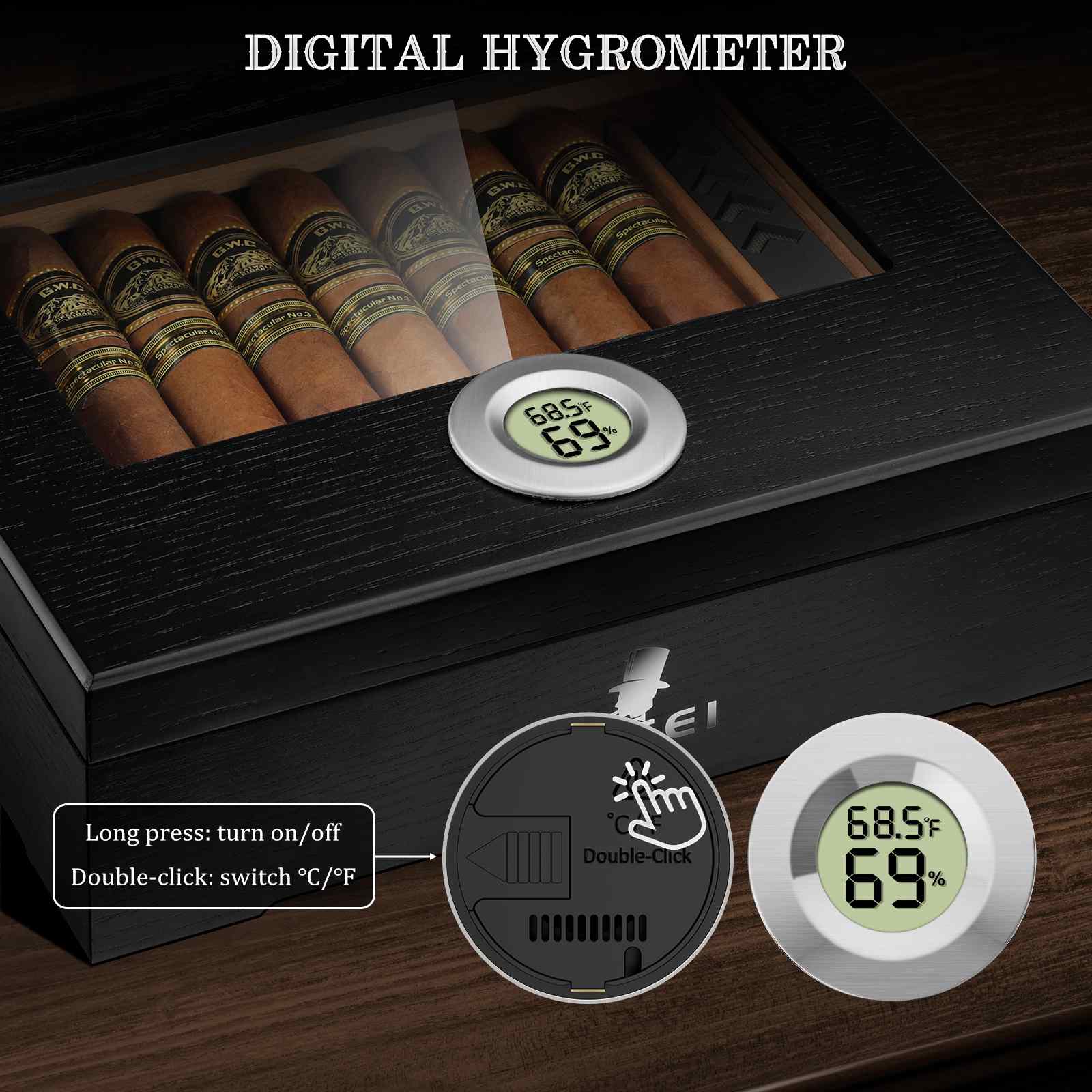 XIFEI Wooden Humidor, Glass Top Cigar Box with Digital Hygrometer,  Humidifier and Divider, Desktop Cedar Wood Cigar Humidor Holds 20-30 Cigars