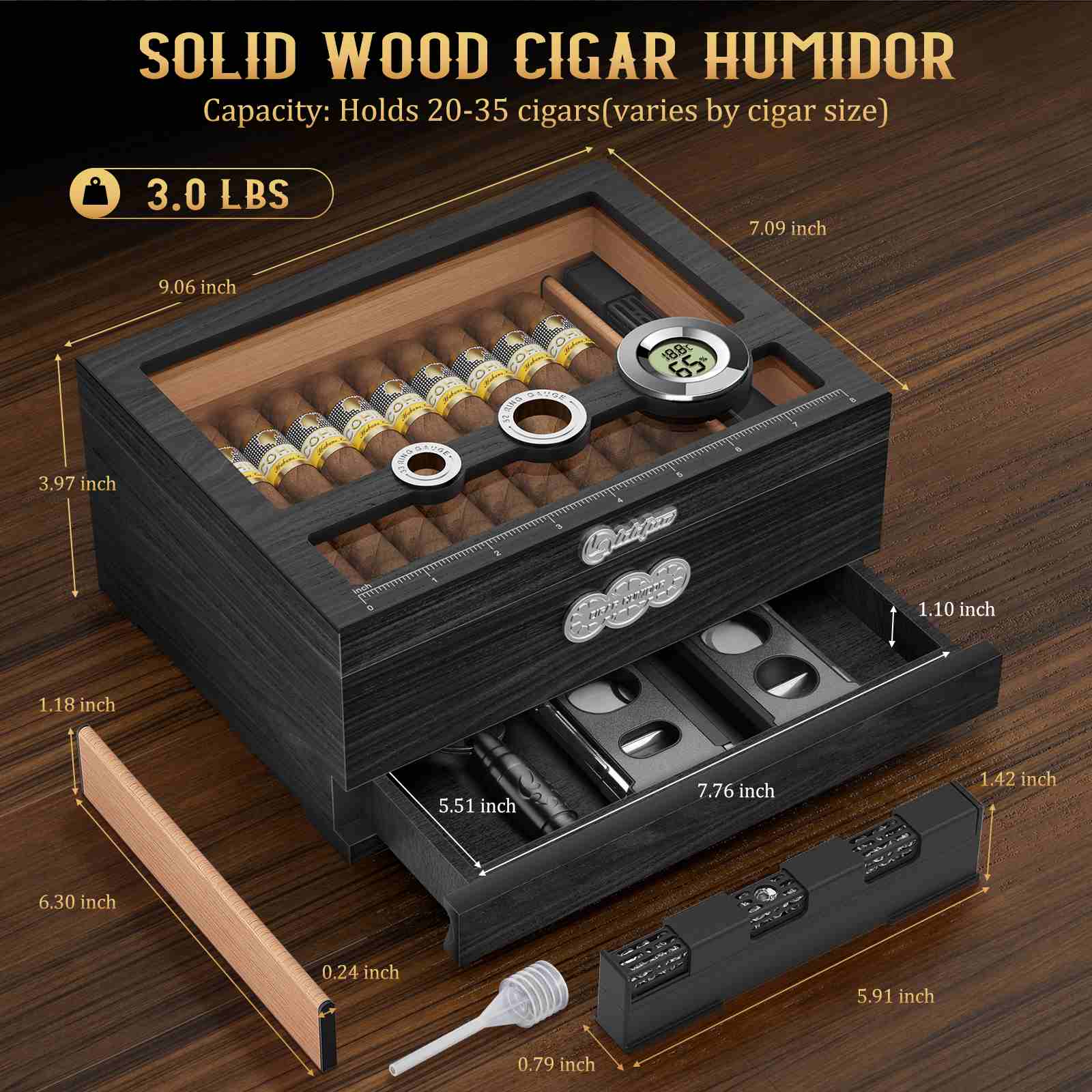 tobacco humidifier box VALLUME Acrylic Cigar Humidor, Desktop Humidor with Cigar Accessory Drawer, Includes Gel and Digital Hygrometer, Cedar Wood Tray, Holds This custom engraved cigar humidor is the gift that will keep both your cigars and your style fresh TISFA Wooden Humidor with 2