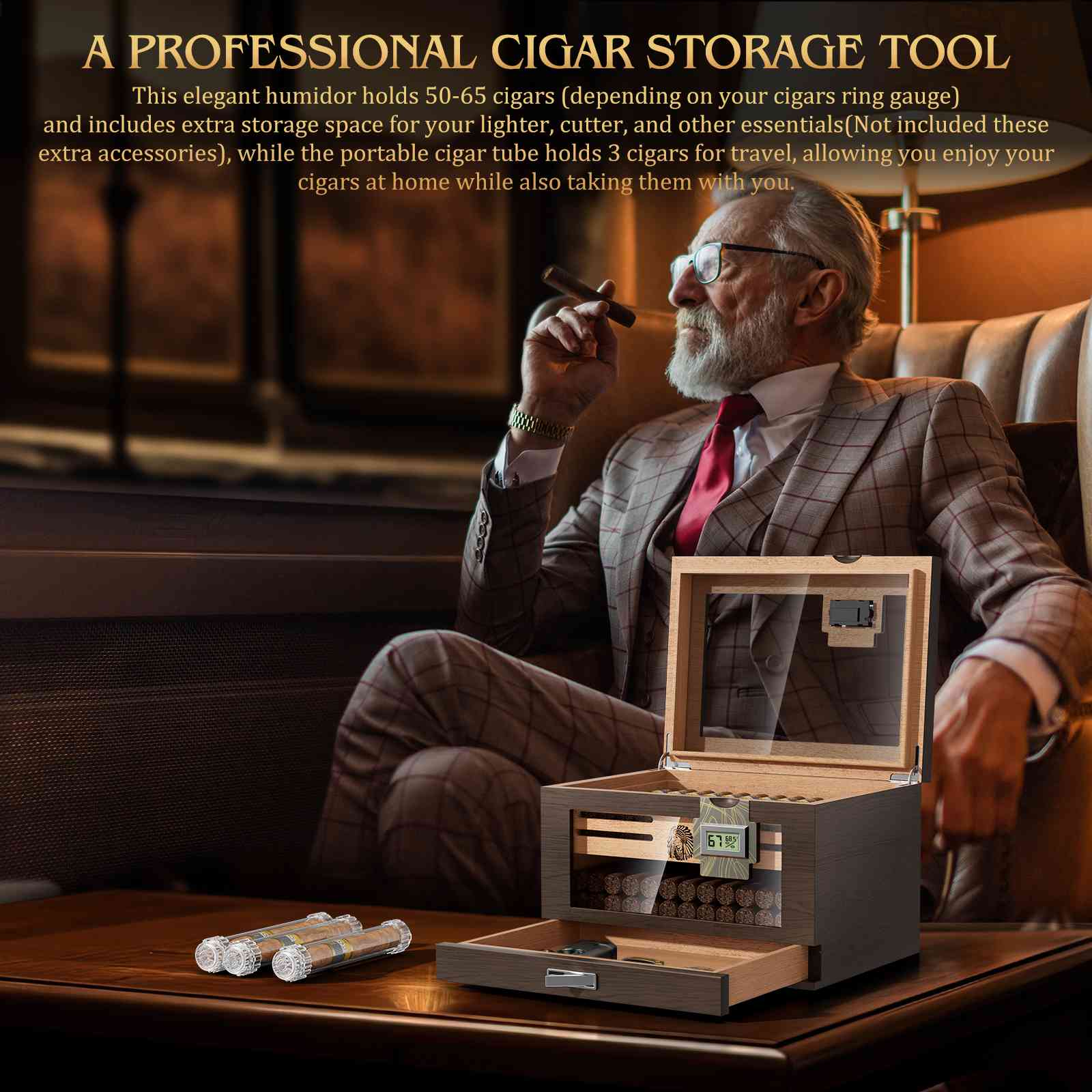 Cigar Humidifier Extra Large Humidor TISFA Wooden Humidor With Digital ...