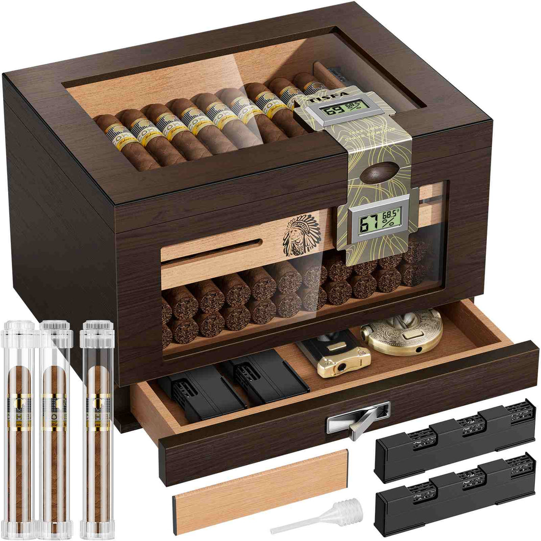 TISFA Wooden Humidor with 2 Digital Hygrometer, Cedar Wood Cigar Box with 2 Humidifiers, Cedar Tray, Divider, Accessory Drawer, Acrylic Travel Cigar Tube, Large Desktop Humidors Holds 50-65 Cigars