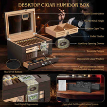 Load image into Gallery viewer, TISFA Wooden Humidor with 2 Digital Hygrometer, Cedar Wood Cigar Box with 2 Humidifiers, Cedar Tray, Divider, Accessory Drawer, Acrylic Travel Cigar Tube, Large Desktop Humidors Holds 50-65 Cigars

