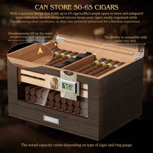 Load image into Gallery viewer, TISFA Wooden Humidor with 2 Digital Hygrometer, Cedar Wood Cigar Box with 2 Humidifiers, Cedar Tray, Divider, Accessory Drawer, Acrylic Travel Cigar Tube, Large Desktop Humidors Holds 50-65 Cigars
