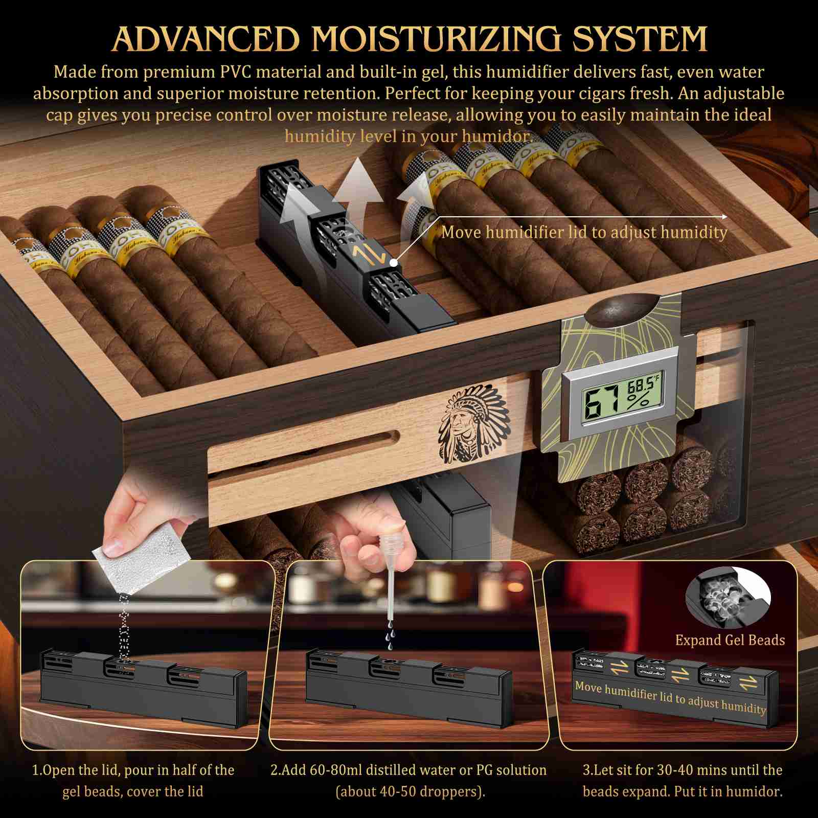 tobacco humidifier box TISFA Wooden Humidor with 2 Digital Hygrometer, Cedar Wood Cigar Box with 2  Humidifiers, Cedar Tray, Divider, Accessory Drawer, Acrylic Travel Cigar