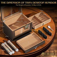 Load image into Gallery viewer, TISFA Wooden Humidor with 2 Digital Hygrometer, Cedar Wood Cigar Box with 2 Humidifiers, Cedar Tray, Divider, Accessory Drawer, Acrylic Travel Cigar Tube, Large Desktop Humidors Holds 50-65 Cigars
