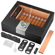 Load image into Gallery viewer, TISFA Wooden Humidor with 3 Cigar Cutters, Cedar Wood Cigar Box with Divider, V Cutter, Straight Cutter, Hole Punch, Digital Hygrometer, Adjustable Humidifier, Desktop Humidor Holds 25-35 Cigars

