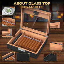 Load image into Gallery viewer, TISFA Wooden Humidor with 3 Cigar Cutters, Cedar Wood Cigar Box with Divider, V Cutter, Straight Cutter, Hole Punch, Digital Hygrometer, Adjustable Humidifier, Desktop Humidor Holds 25-35 Cigars

