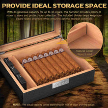 Load image into Gallery viewer, TISFA Wooden Humidor with 3 Cigar Cutters, Cedar Wood Cigar Box with Divider, V Cutter, Straight Cutter, Hole Punch, Digital Hygrometer, Adjustable Humidifier, Desktop Humidor Holds 25-35 Cigars
