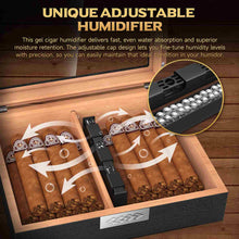 Load image into Gallery viewer, TISFA Wooden Humidor with 3 Cigar Cutters, Cedar Wood Cigar Box with Divider, V Cutter, Straight Cutter, Hole Punch, Digital Hygrometer, Adjustable Humidifier, Desktop Humidor Holds 25-35 Cigars
