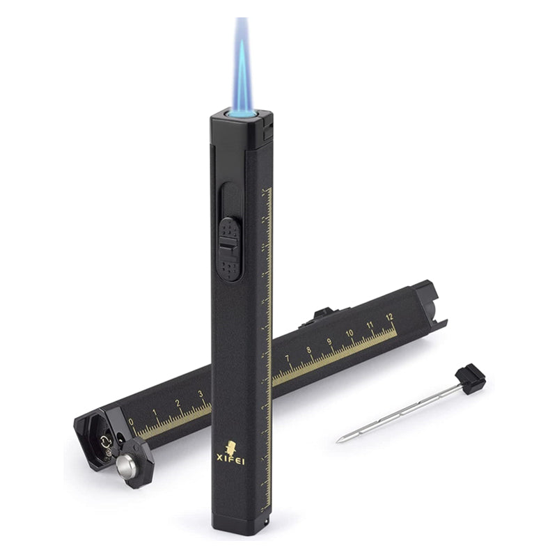 XIFEI Cigar Lighter, Cigar Punch, Cigar Draw Enhancer, Cigar Length Measuring Tools, All-in-one Refillable Butane Lighter, Windproof and Portable Pen Torch Lighter (Black)