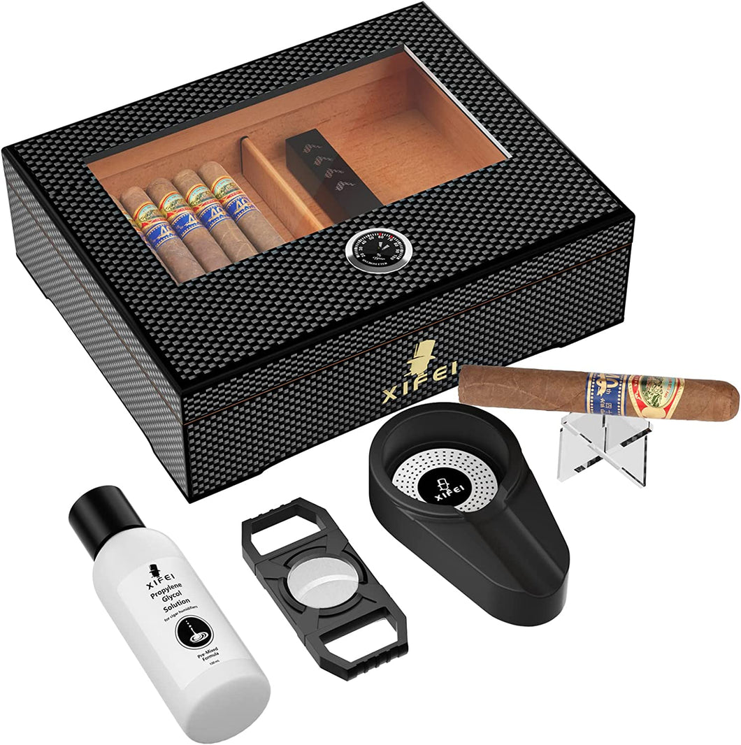 XIFEI Cigar Humidor, Glass Top carbon fiber texture top inlay Hygrometer,including Cigar humidifier, acrylic Cigar stand,Cigar ashtray and Humidor Solution, Holds 20-30 Cigars (9IN*7.5*2.8)