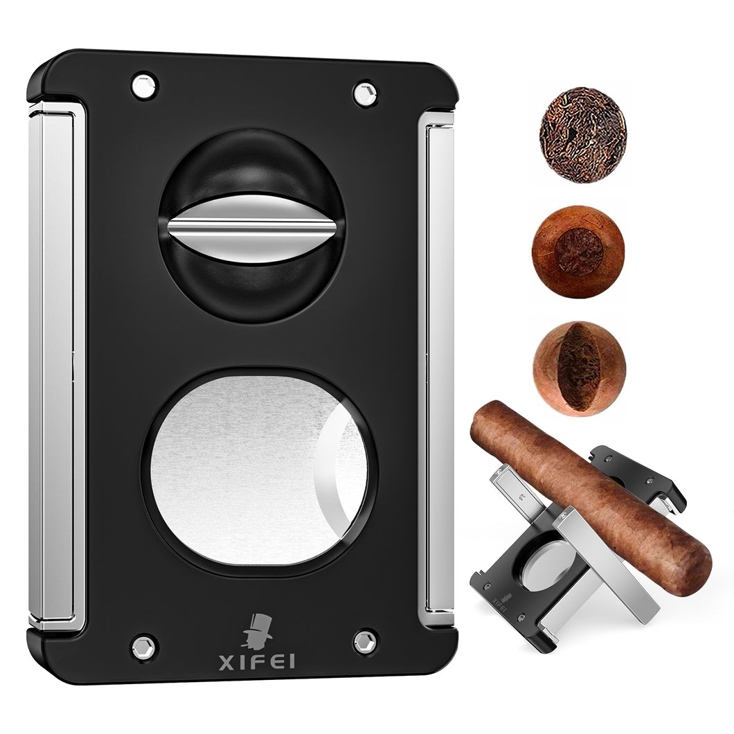 XIFEI Cigar Cutter V-Cut Guillotine,4 in 1 Straight Cut V Cutter with Cigar Punch Cigar Holder Stainless Steel Blade Ergonomic Design with Secure-Lock 60 RG Cigar Accessories (Black)