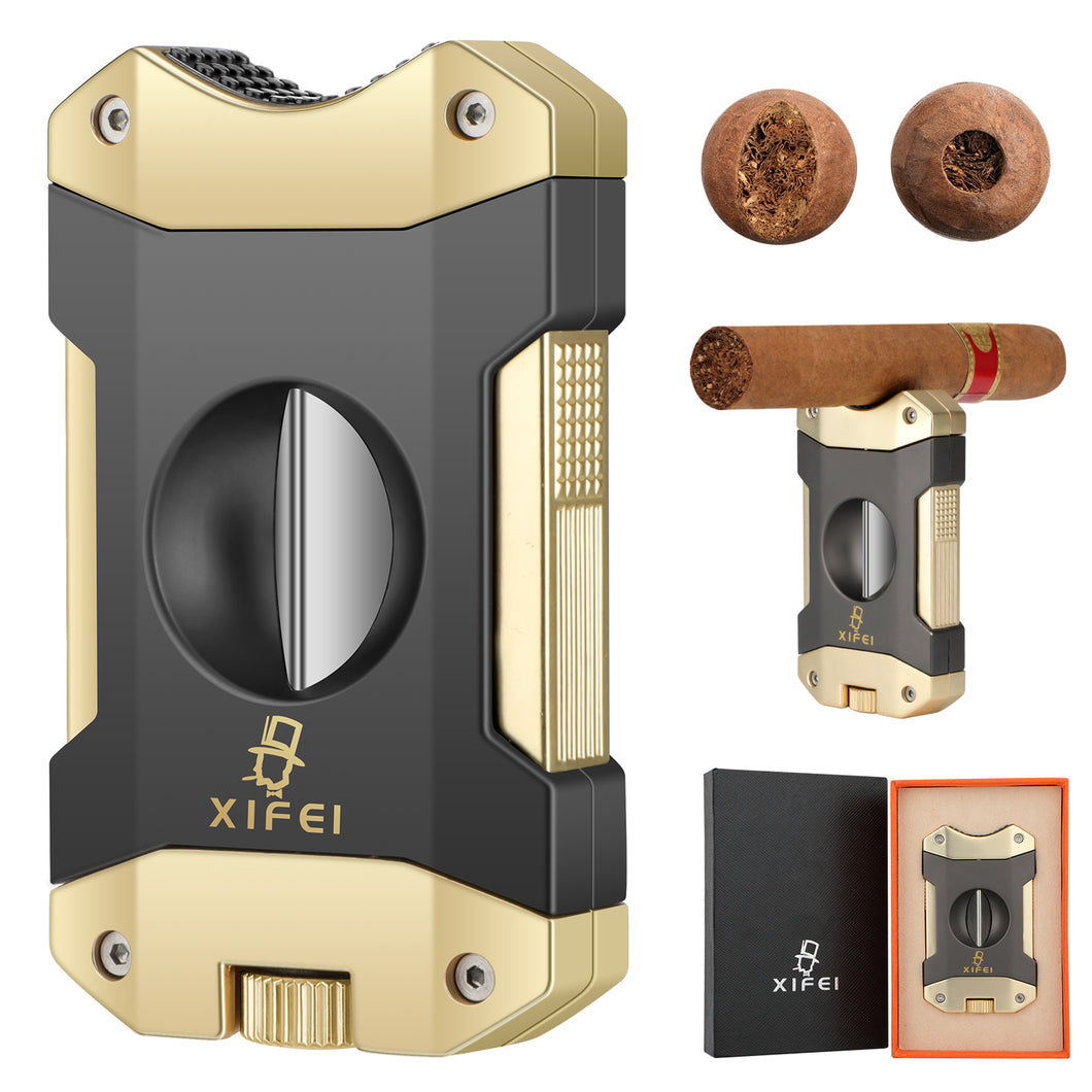 XIFEI Cigar Cutter V-Cut,3 in 1 V Cutter with Cigar Punch Cigar Stand Sharpest 440 Stainless Steel Cut Blade Ergonomic Design Secure-Lock 55 Ring Gauge Portable Cigar Clipper with Gift Box