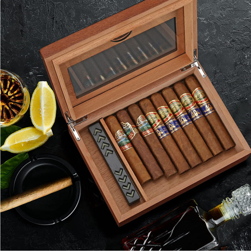 XIFEI Cigar Humidor, Glass Top Carbon Fiber Texture top Inlay Hygrometer,Including  Cigar humidifier, Acrylic Cigar Stand,Cigar Ashtray and Humidor Solution,  Holds 25-60 Cigars 