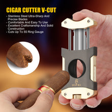 Load image into Gallery viewer, XIFEI Cigar Cutter V-Cut,3 in 1 V Cutter with Cigar Punch Cigar Stand Sharpest 440 Stainless Steel Cut Blade Ergonomic Design Secure-Lock 55 Ring Gauge Portable Cigar Clipper with Gift Box

