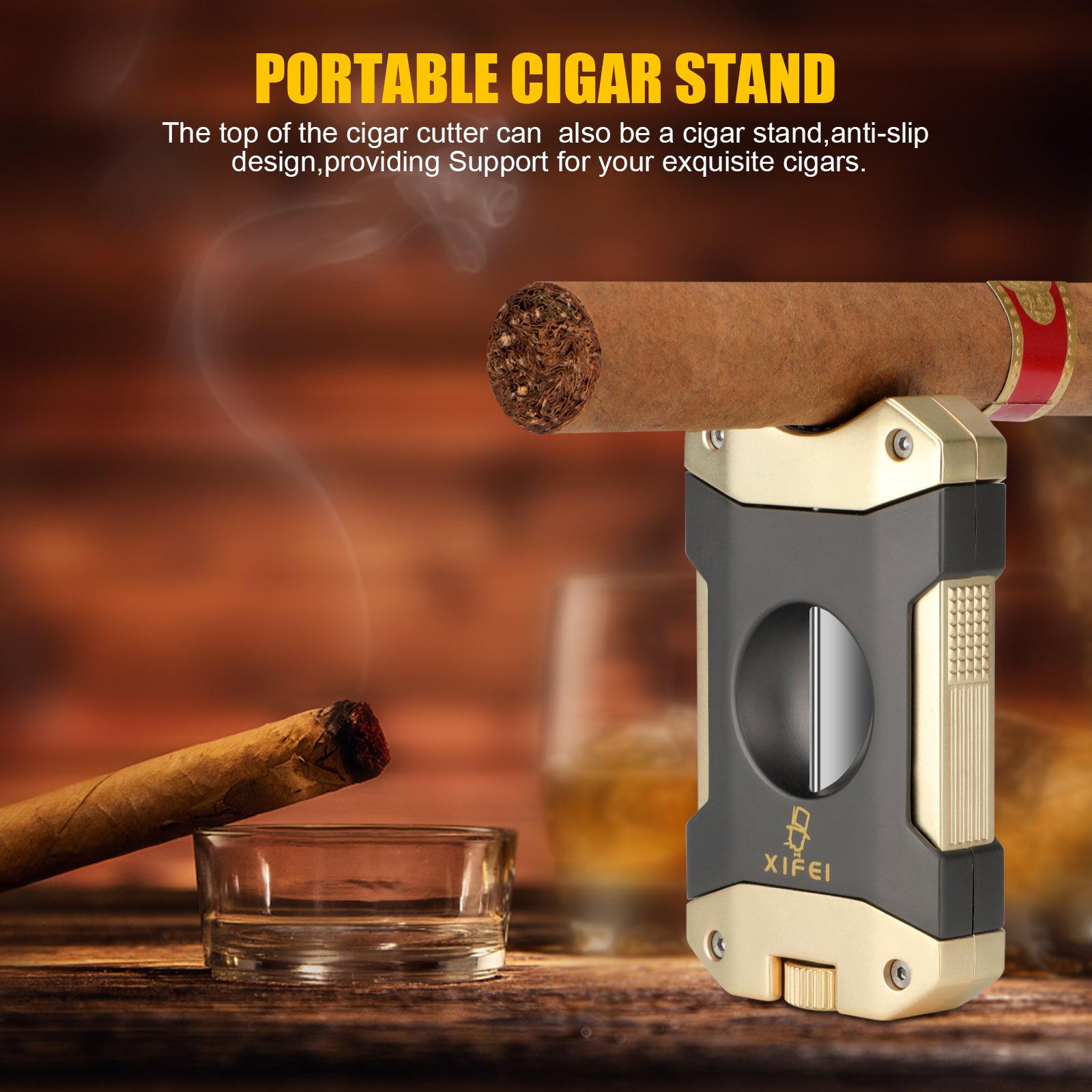 XIFEI Cigar Cutter V-Cut Guillotine,4 in 1 Straight Cut V Cutter with Cigar  Punch Cigar Holder Stainless Steel Blade Ergonomic Design with Secure-Lock