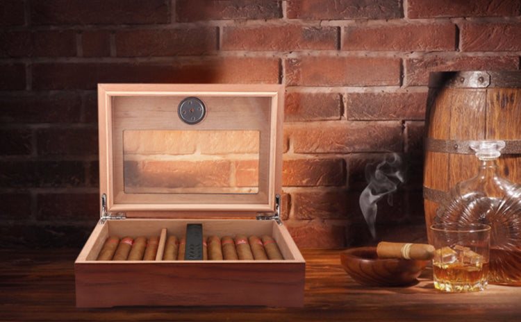 XIFEI Cigar Humidor, Glass Top Carbon Fiber Texture top Inlay Hygrometer,Including  Cigar humidifier, Acrylic Cigar Stand,Cigar Ashtray and Humidor Solution,  Holds 25-60 Cigars 