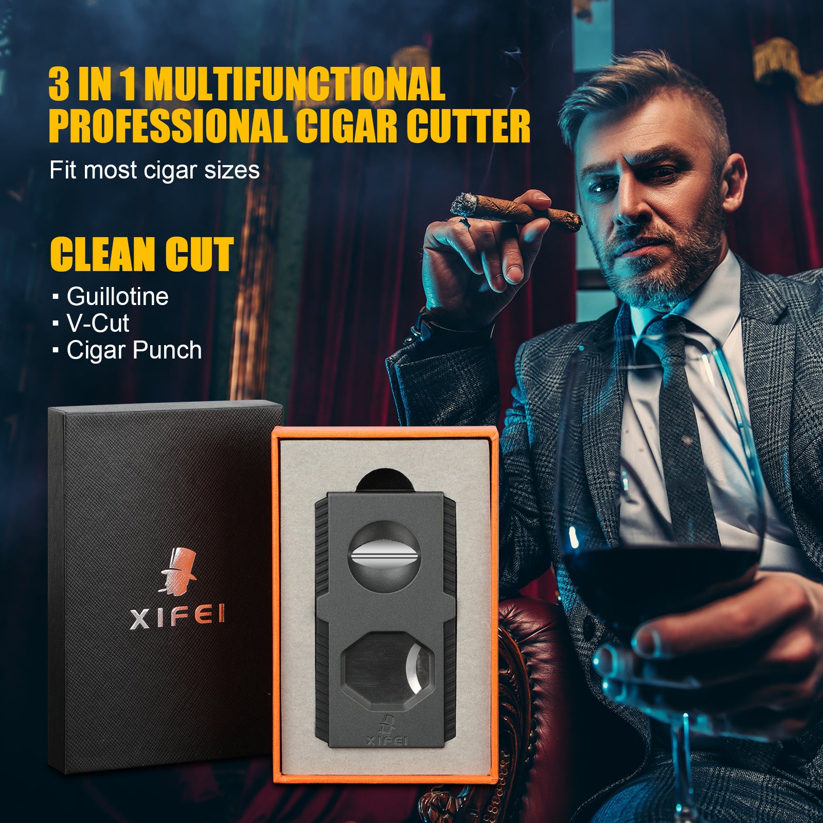XIFEI Cigar Cutter V-Cut Guillotine 3 in 1 Straight Cut V Cutter with Cigar  Punch Stainless Steel Blade Ergonomic Design Secure-Lock Cigar