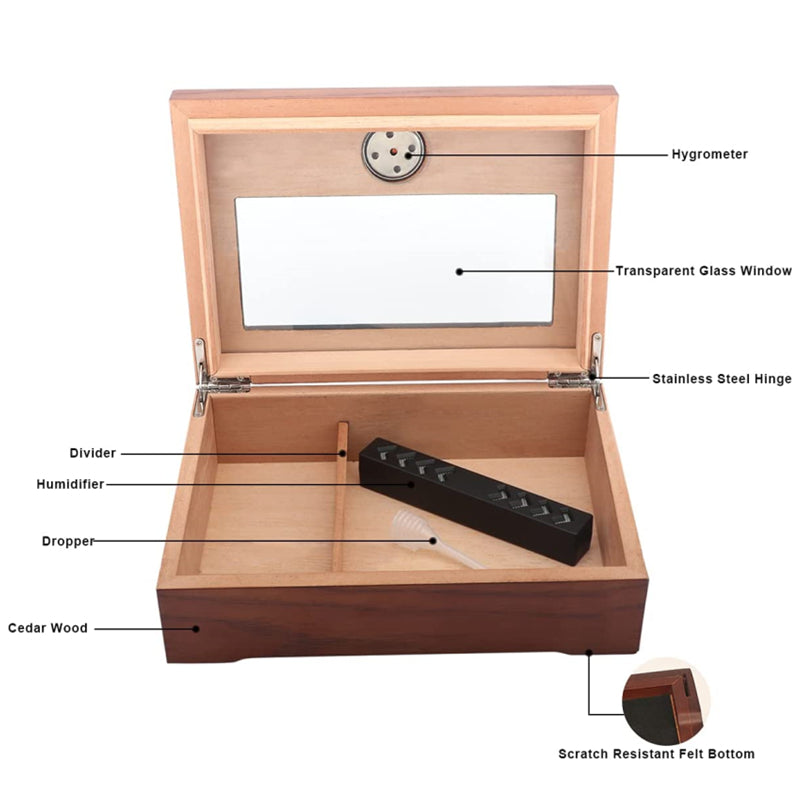 TISFA Cigar Humidor, Glass Top Cigar Box with Hygrometer Humidifier an ...