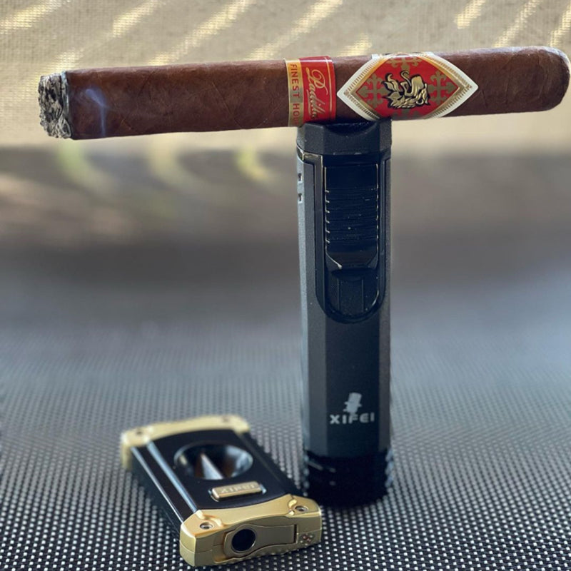 XIFEI Cigar Lighter 3-Angled Jet Flames, Cigar Puncher, Cigar Draw  Enhancer, Cigar Stand, 4-in-1Refillable Butane Torch Lighter (Sand Black)