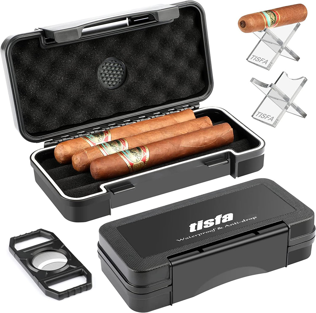 TISFA Cigar Travel Humidor Case with Cigar Cutter and Cigar Stand, Portable Cigar Humidor, Waterproof Cigar Box Holds up to 4 Cigars - Cigars Gift Set for Men